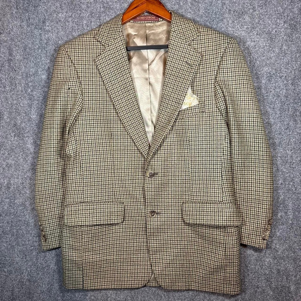 Nordstrom Mens 100% Wool Houndstooth Blazer Beige Brown 36 S